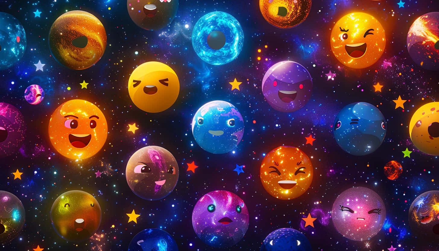  壁紙 — 色彩繽紛、面帶笑容的行星帶著豐富表情，在閃爍的星星間愉快漂浮，構成充滿活力的宇宙場景。