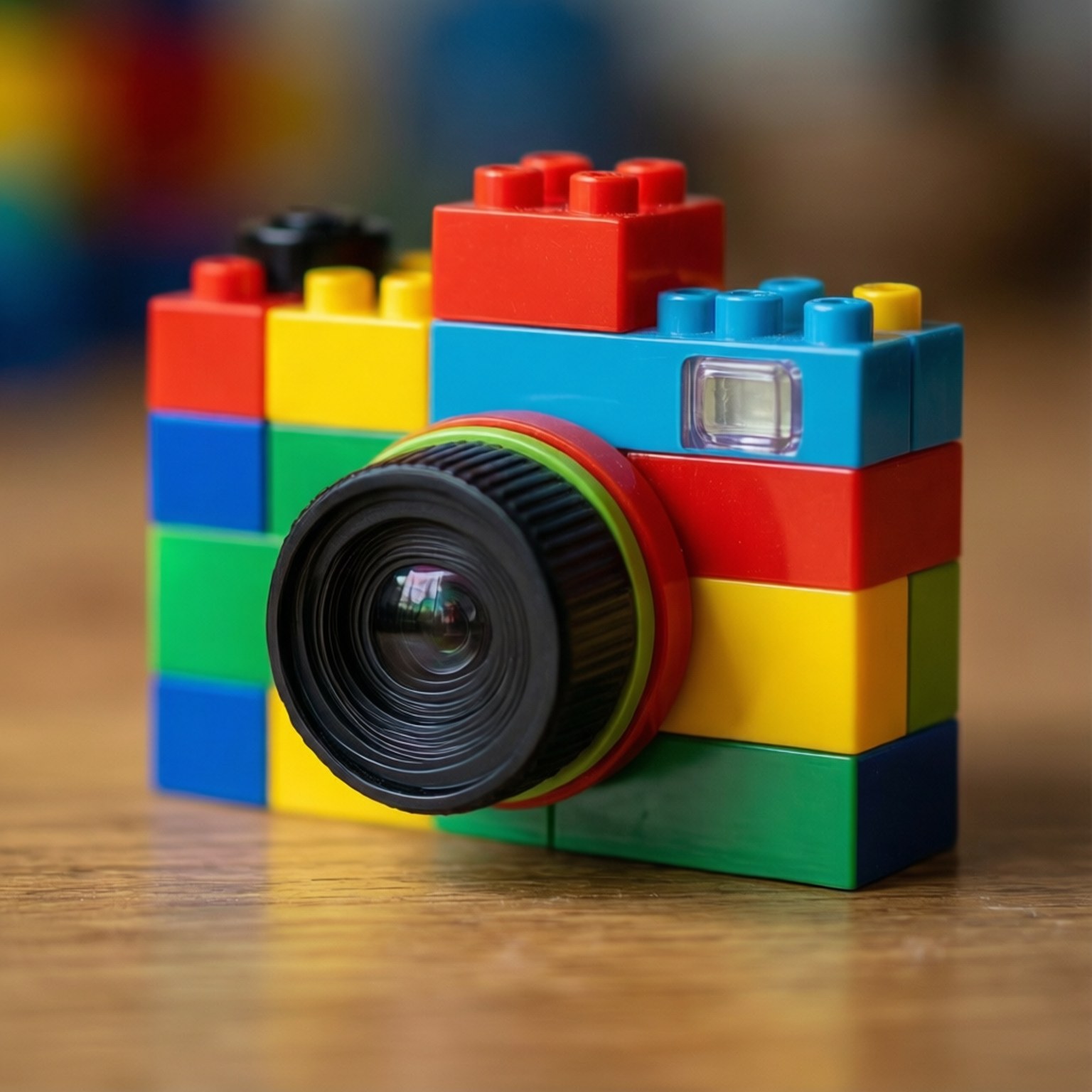 Lego Style Toy Camera 壁紙 — 一個由彩色塑膠積木拼砌而成的玩具相機放在木質表面上。