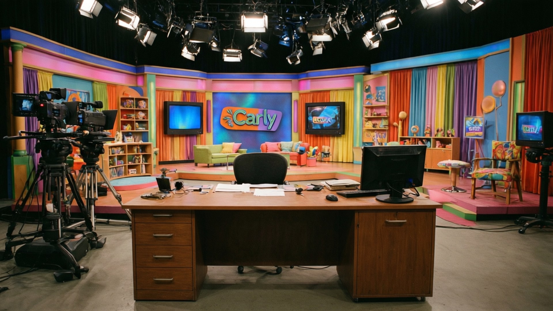 icarly 桌布 壁紙 — 色彩鮮豔的電視攝影棚佈景，配有彩虹窗簾和藍色螢幕上的「Carly」標誌。