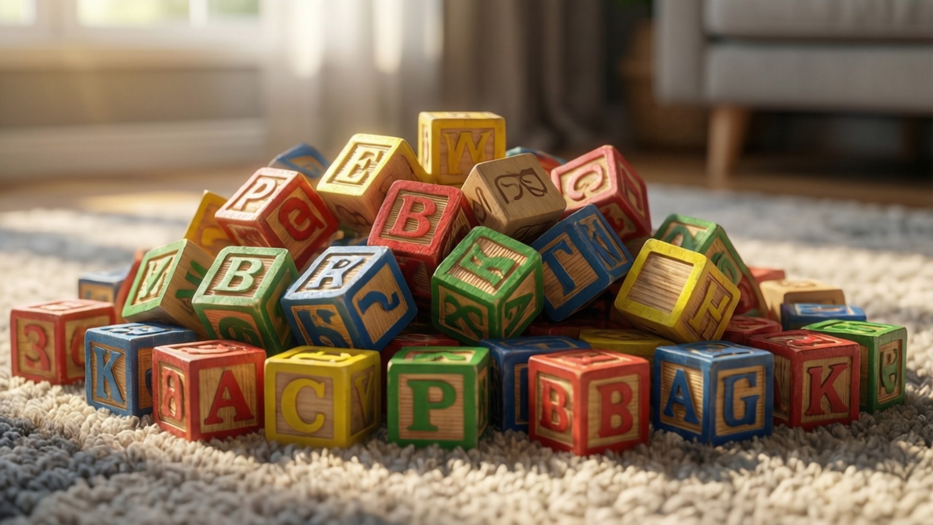 Playful ABC Blocks 壁紙 — 一堆色彩繽紛的木製字母積木散落在陽光照射的窗戶附近的柔軟米色地毯上。