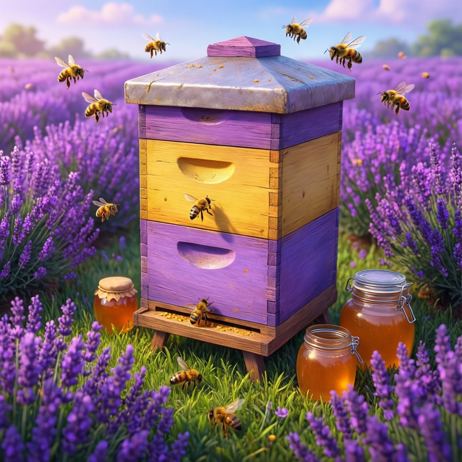 Honey Harvest 壁紙 — 一個色彩繽紛的木製蜂箱矗立在紫色薰衣草田中，蜜蜂飛舞，附近有蜂蜜罐。