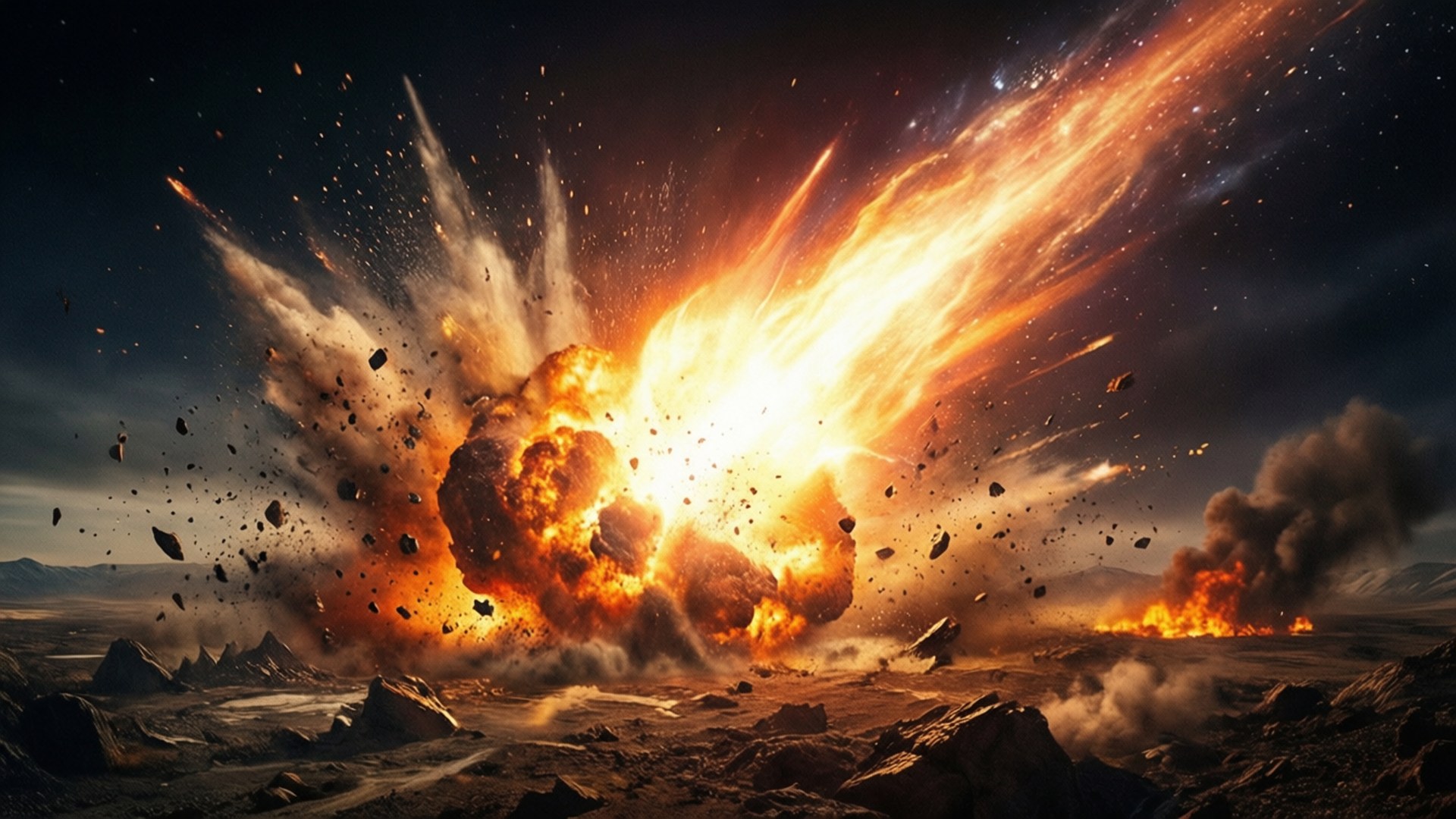 Comet Impact Explosion 壁紙 — 一場巨大的熾熱爆炸在貧瘠的沙漠景觀中爆發，將熔化的碎片和衝擊波送入黑暗的天空。