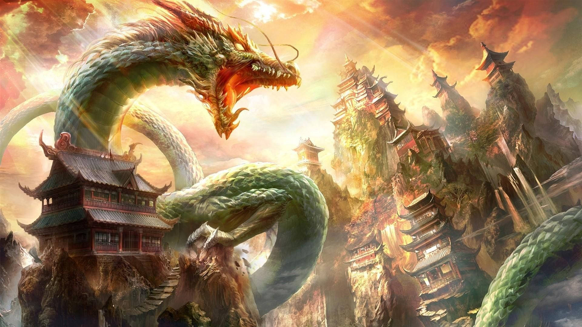 一條巨大的綠色龍纏繞著漂浮的寶塔，背景是燃燒的夕陽天空。 — 中國龍 壁紙