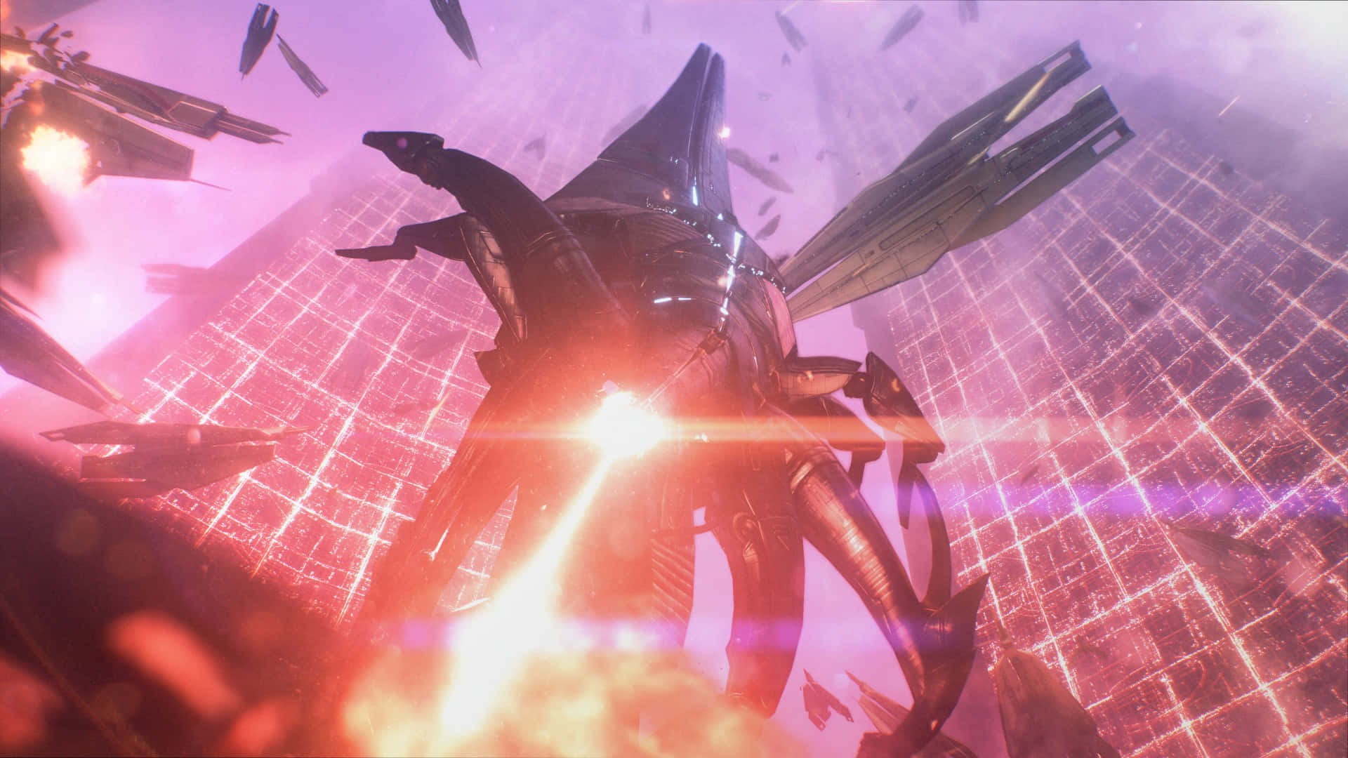 Mass Effect Legendary Edition 桌布 壁紙 — 一個巨大的機械外星生物，帶有發光核心和翅膀，在墜落的飛船中發射能量光束，背景是網格圖案的紫色天空。