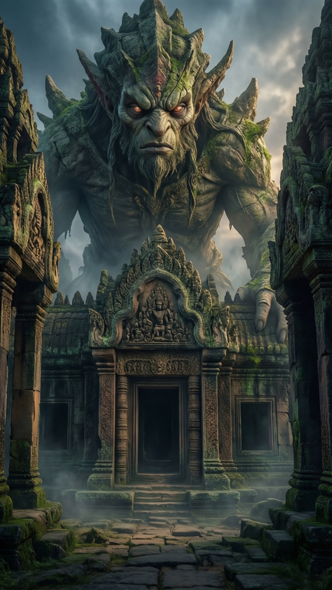 Temple Guardian Rhyperior 壁紙 — 一個巨大的、長滿青苔的惡魔在暴風雨的天空下籠罩著一座古老的石廟入口。