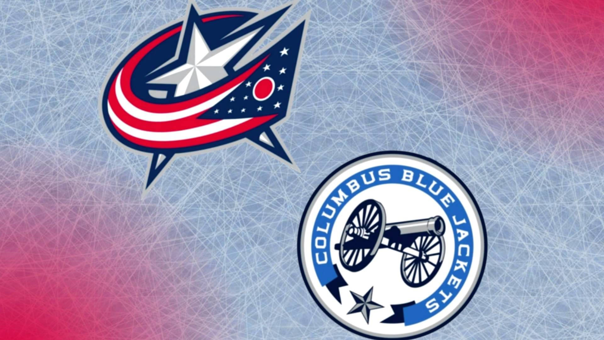 Columbus Blue Jackets 桌布 壁紙 — Columbus Blue Jackets 和 Columbus Chill 標誌在紋理冰面上，帶有紅藍漸變背景。