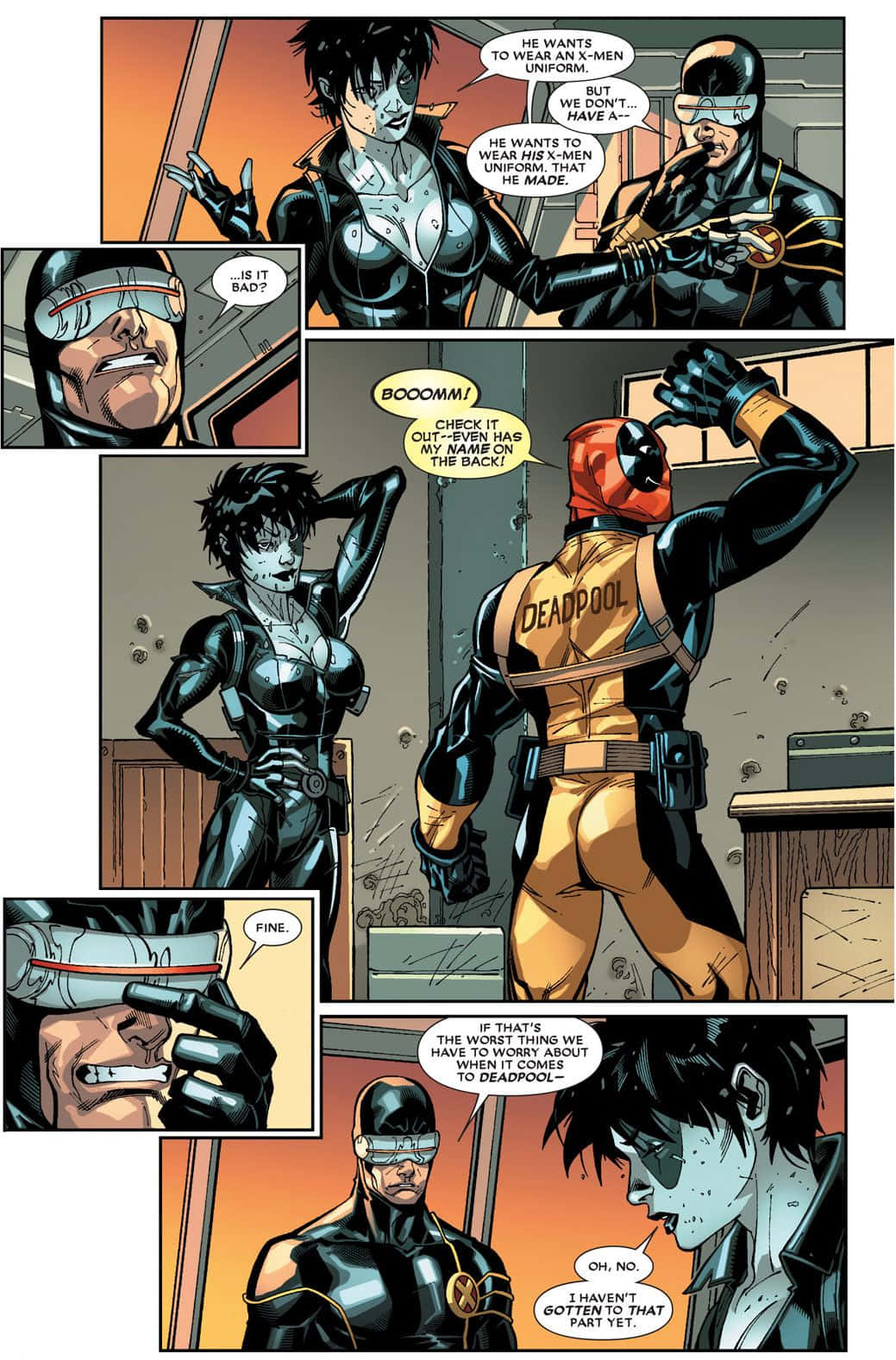 Deadpool And Domino 桌布 壁紙 — 漫畫格顯示死侍穿著自訂的X戰警制服，隊友在粗糙的室內環境中對他的滑稽行為作出反應。