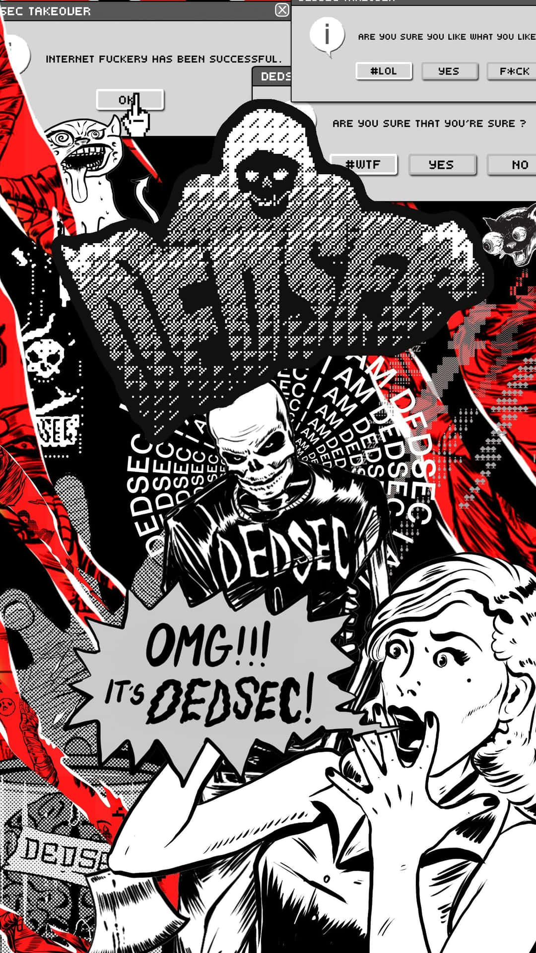  壁紙 — 一個漫畫風格的插圖，描繪一位震驚的女性對一個帶有 'DEDSEC' 文字和故障介面元素的威脅性骷髏角色作出反應。