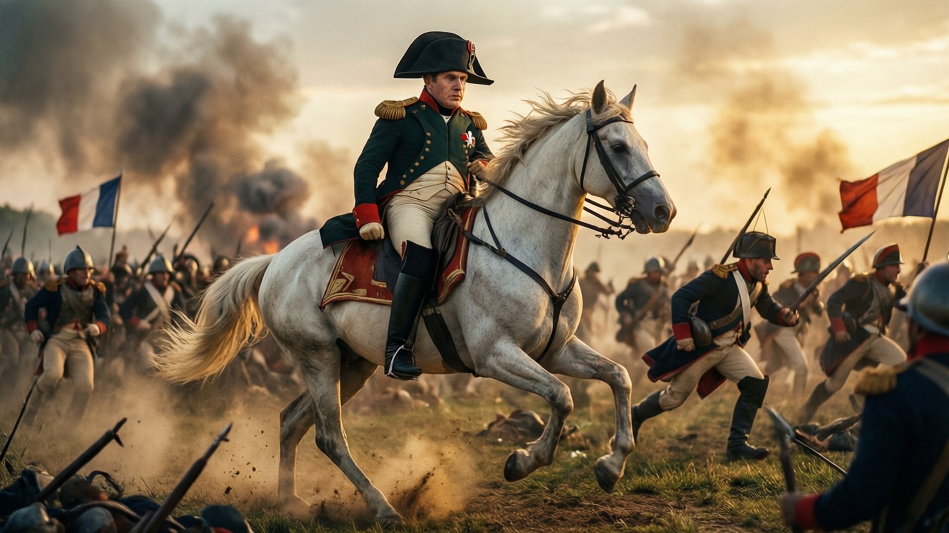 Napoleon Bonaparte 桌布 壁紙 — 一位指揮官騎著白馬衝過戰場，士兵們在煙霧和塵埃中高舉法國國旗前進。