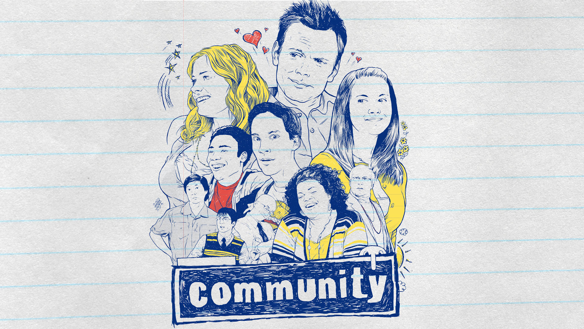社群 桌布 壁紙 — Community 的插圖角色畫在橫線筆記本紙上，周圍漂浮著心形和星星。