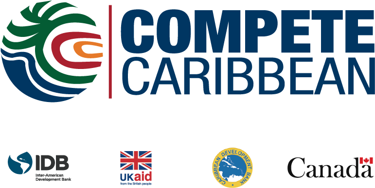 Caribbean 桌布 壁紙 — Compete Caribbean 標誌，包含彩色漩渦徽章以及合作夥伴標誌，包括IDB UKaid Canada和Caribbean Development Bank，背景為黑色。