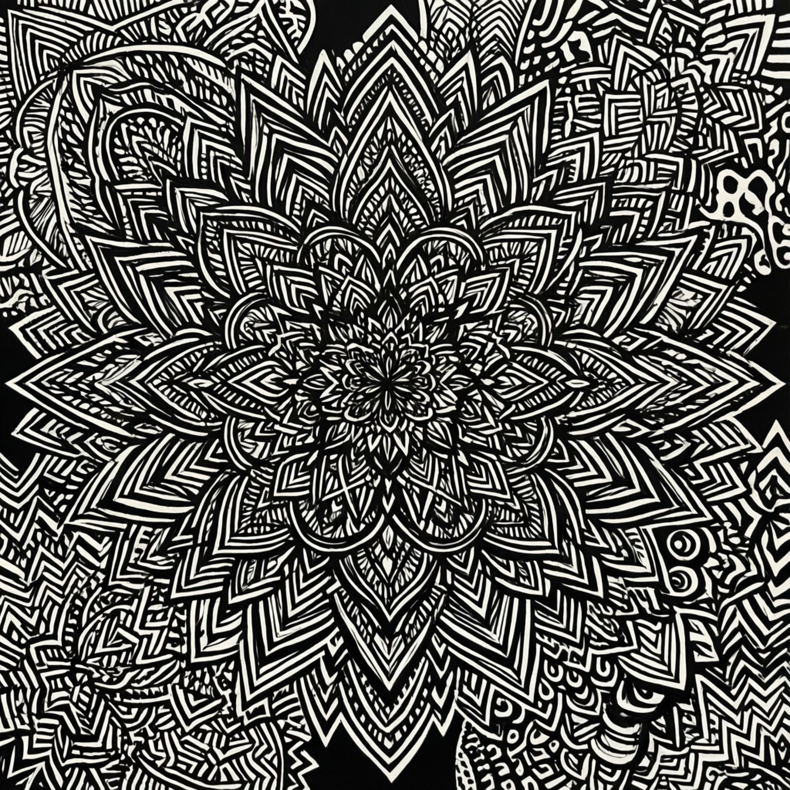 Mandala Geometric Doodle 壁紙 — 一個複雜的黑白曼陀羅，帶有從中心點放射出的精緻幾何和花卉圖案。