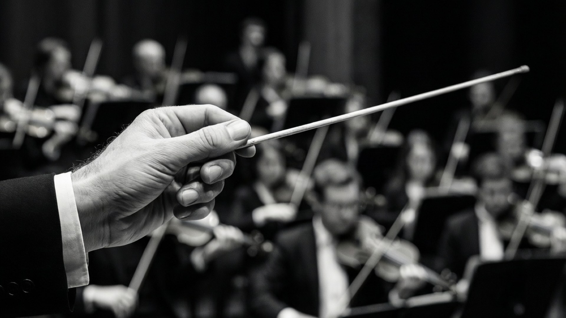 Conductor's Baton 壁紙 — 指揮家的手緊握指揮棒，焦點清晰，而模糊的樂團樂手在背景中演奏。