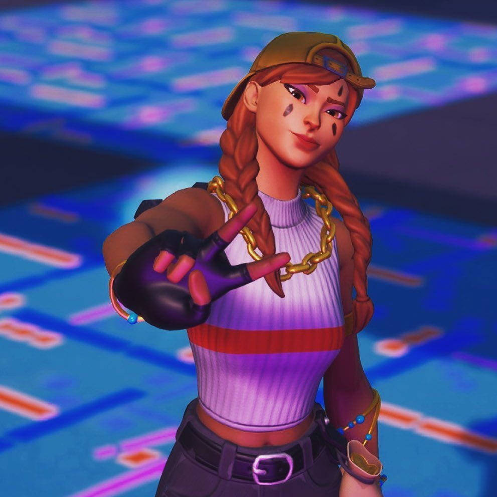 在霓虹燈光下的數位空間中，戴著帽子和金鏈的動漫角色。 — Fortnite 壁紙