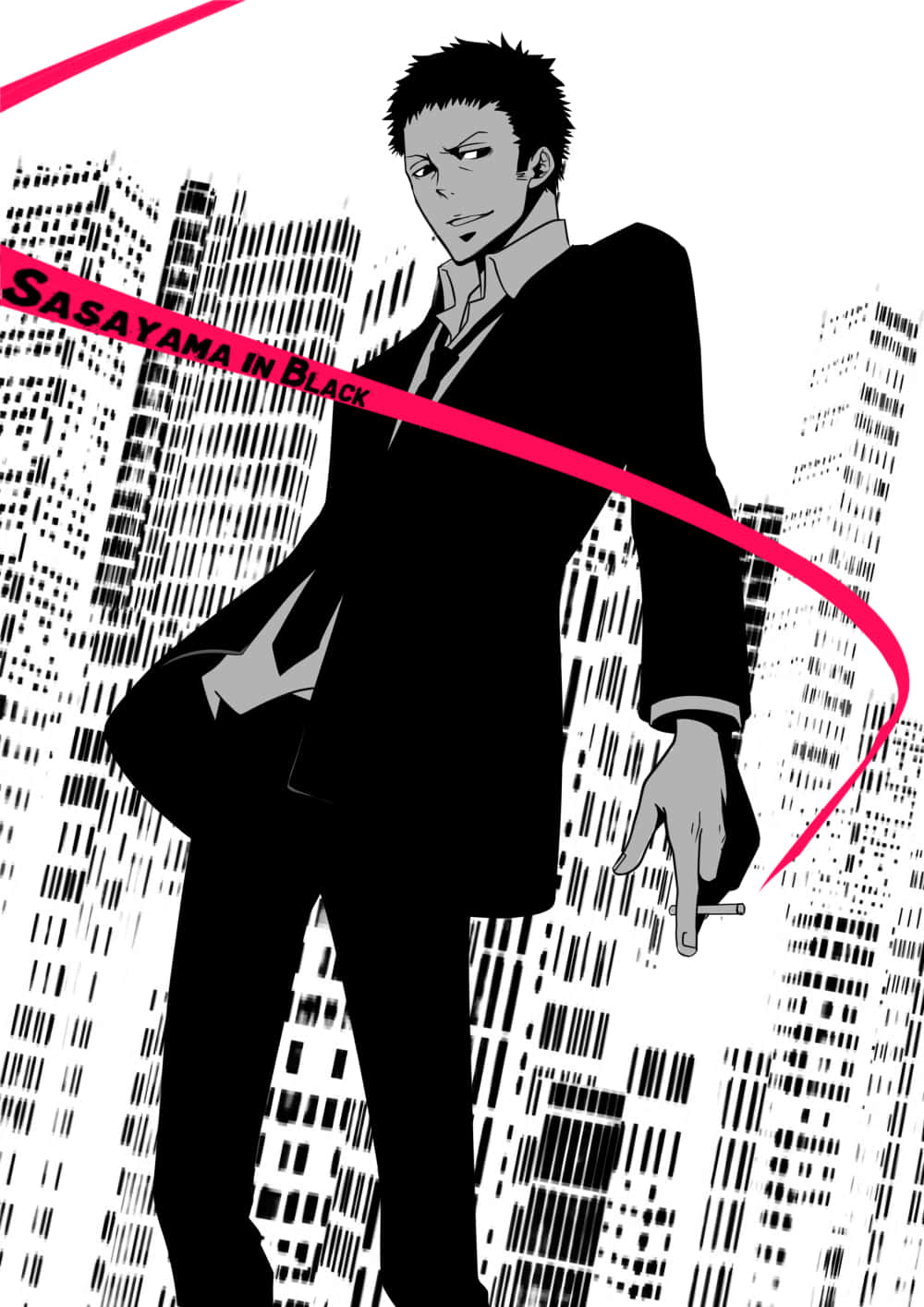 動漫角色 Sasayama 身穿黑色衣服站在城市景觀中，手持香煙。 — Sasuke 壁紙