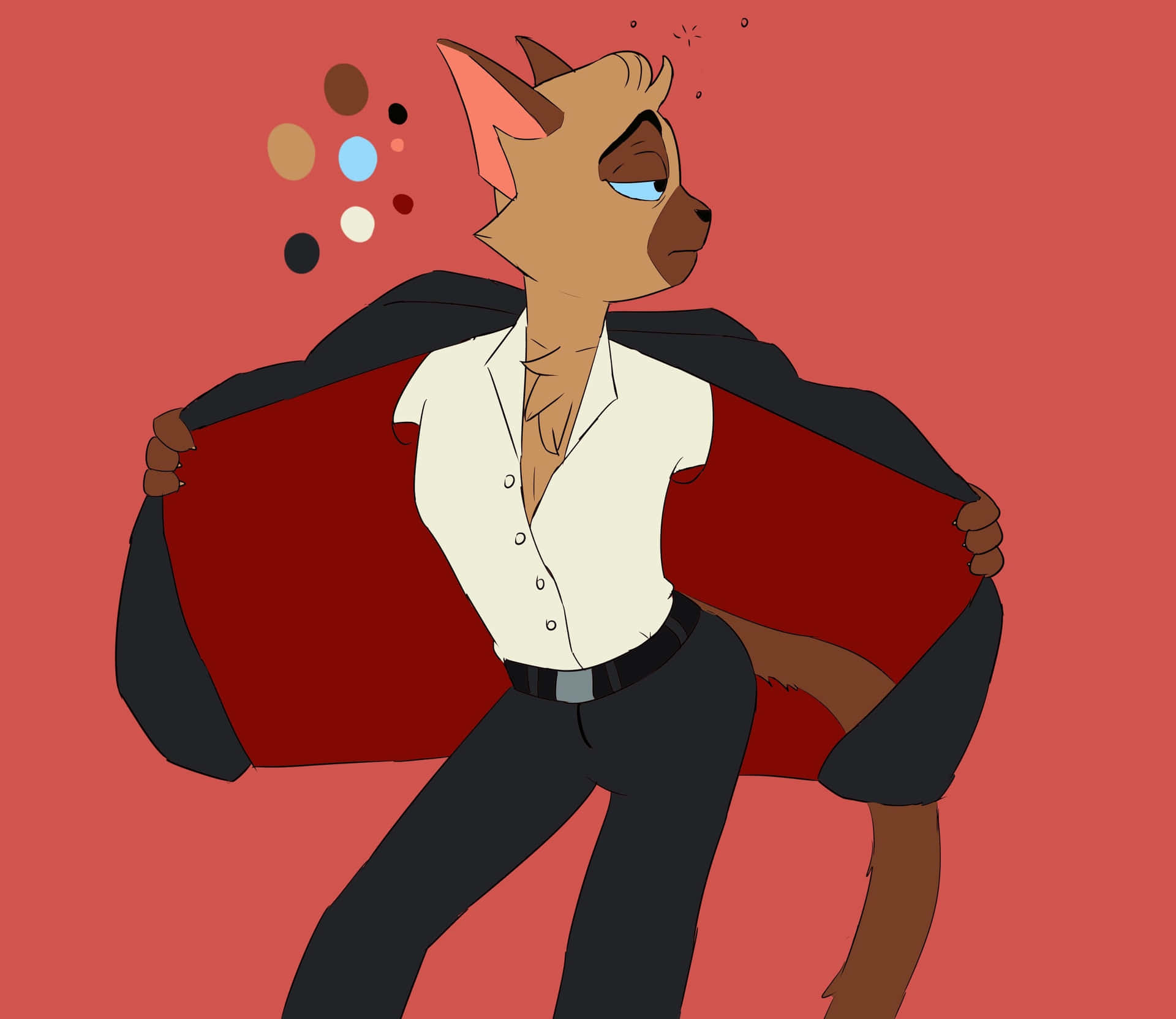 壁紙 — 一隻自信的擬人化貓咪，身穿白襯衫和紅色斗篷，在純珊瑚色背景前擺姿勢，背景有浮動的彩色圓點。