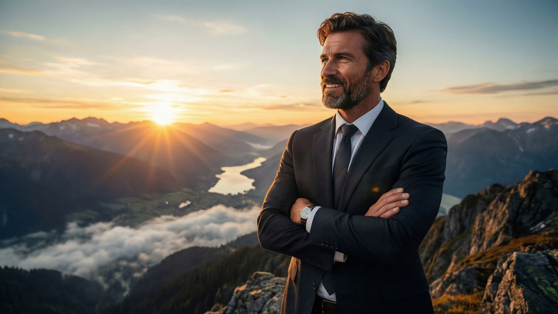 Summit of Success 壁紙 — 一位自信的商人穿著西裝，雙臂交叉站在山頂上，看著太陽從山谷中升起，下方有蜿蜒的河流和雲彩。