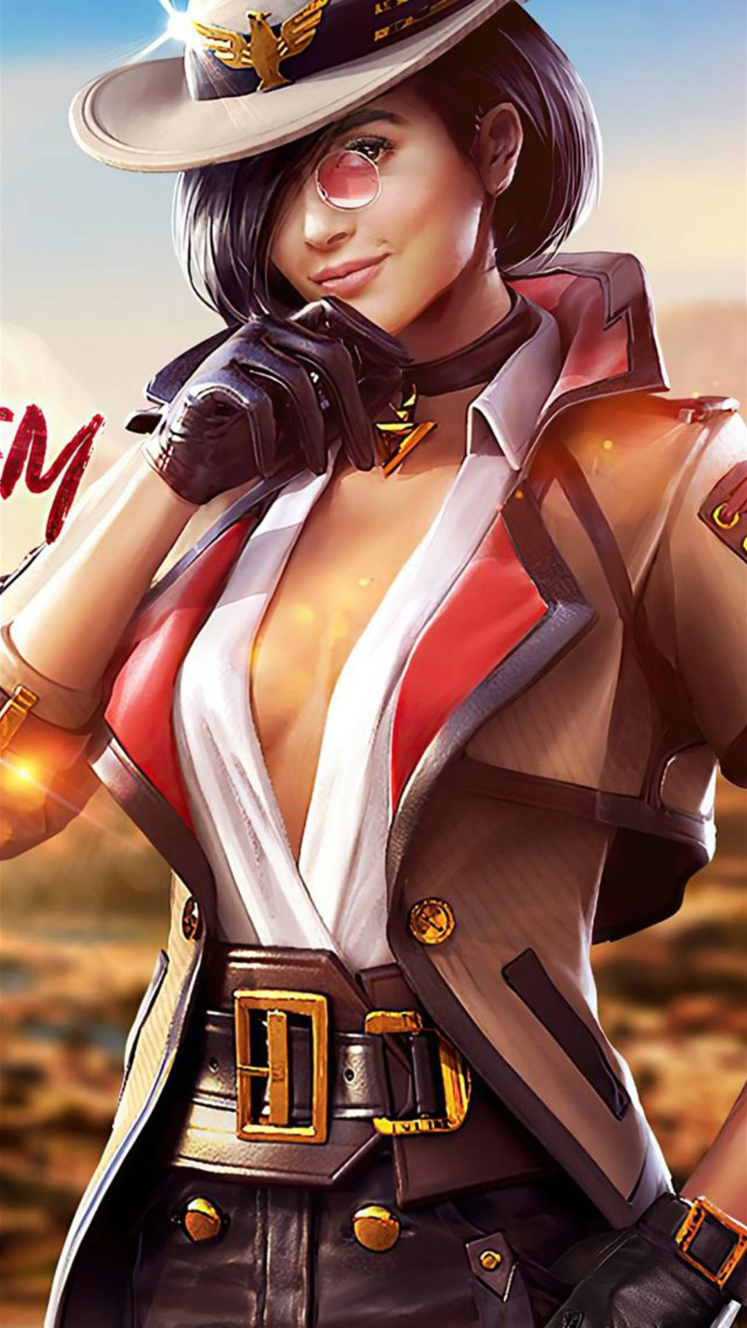 動漫風格女性英雄穿著軍裝在日落時擺姿勢。 — Free Fire 壁紙