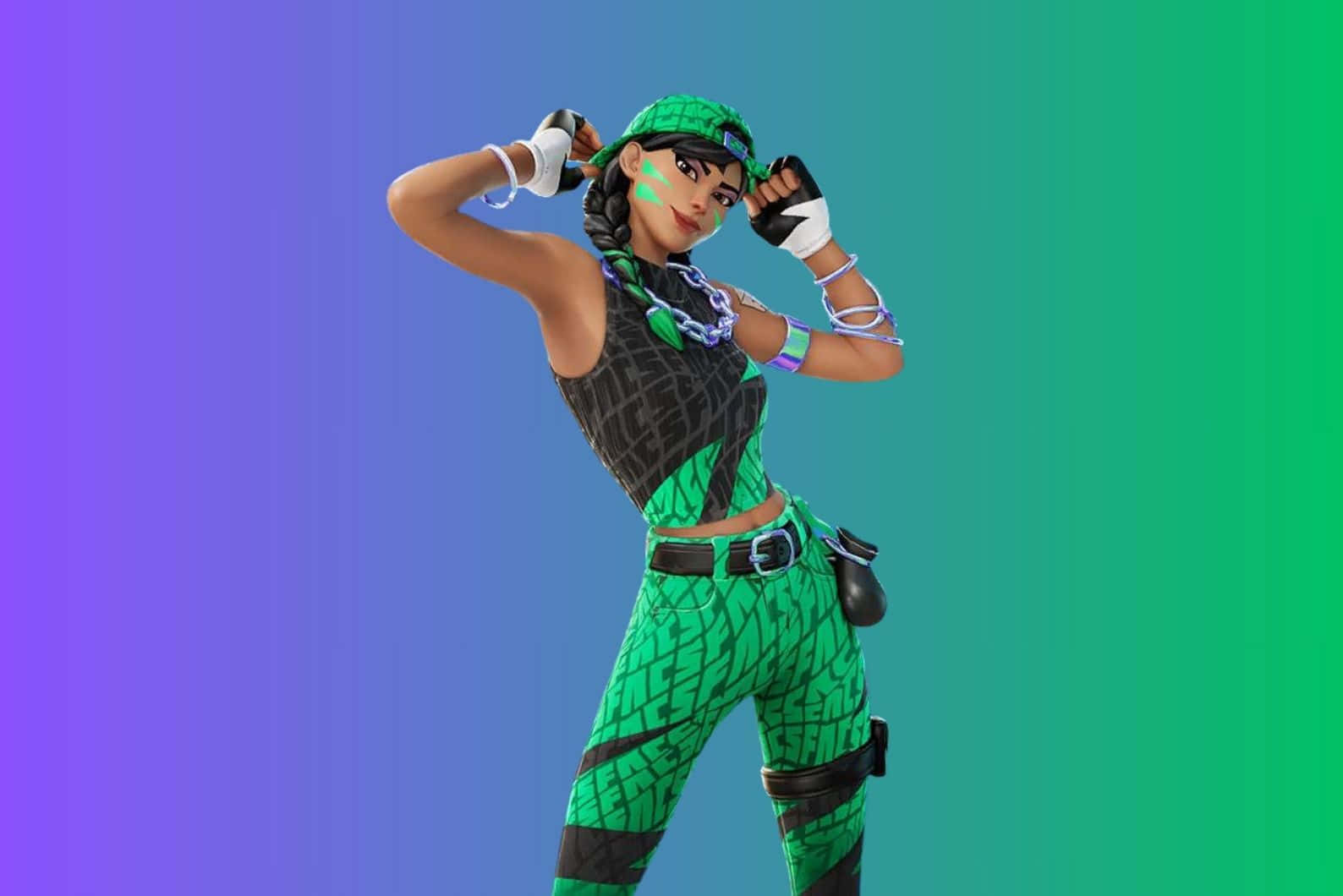  壁紙 — 一個自信的Fortnite角色，身穿綠色和黑色裝備，在充滿活力的紫色到綠色漸變背景前動感擺姿勢。