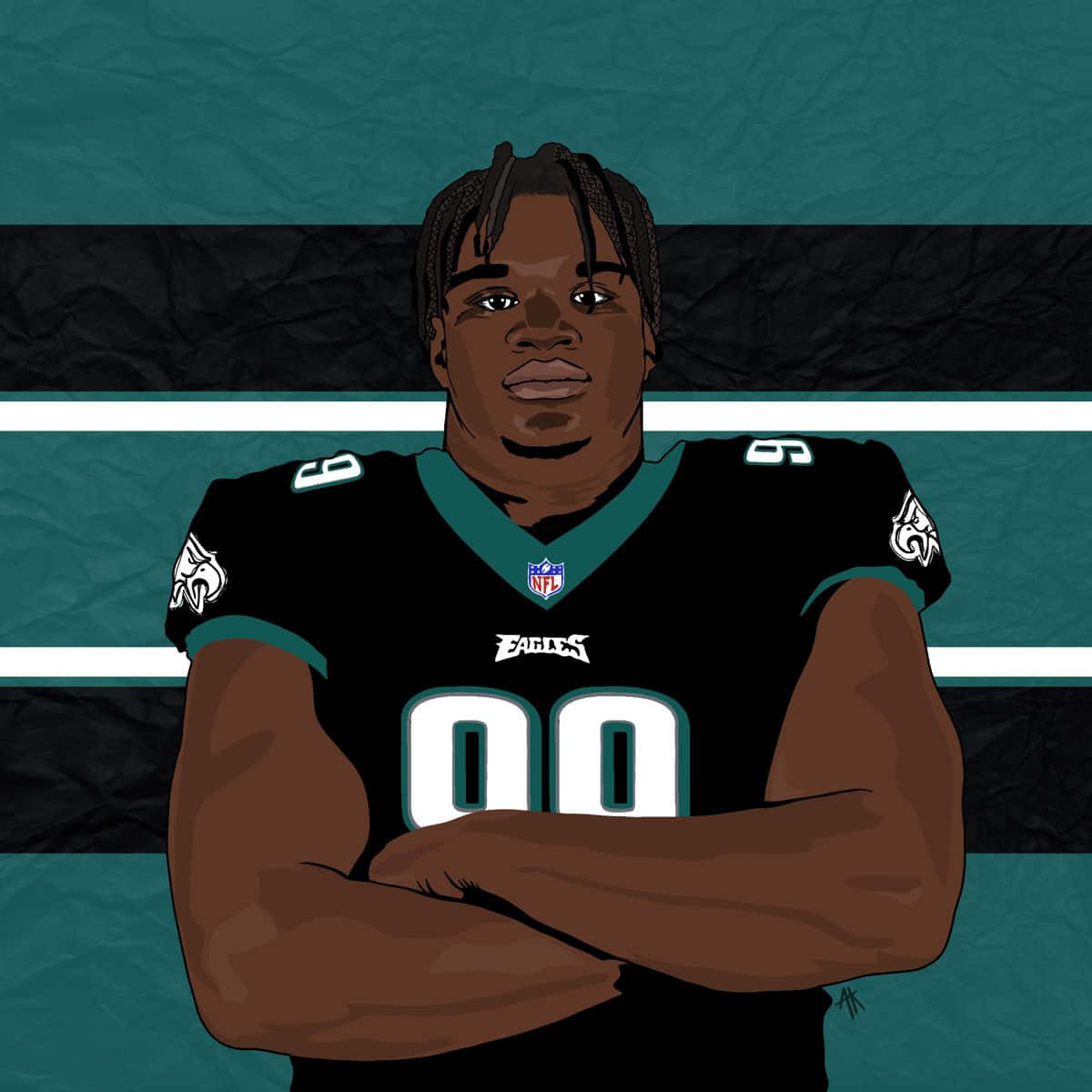  壁紙 — 一位自信的NFL美式足球員身穿黑色Eagles球衣，雙手交叉，背景為青綠色和黑色條紋。