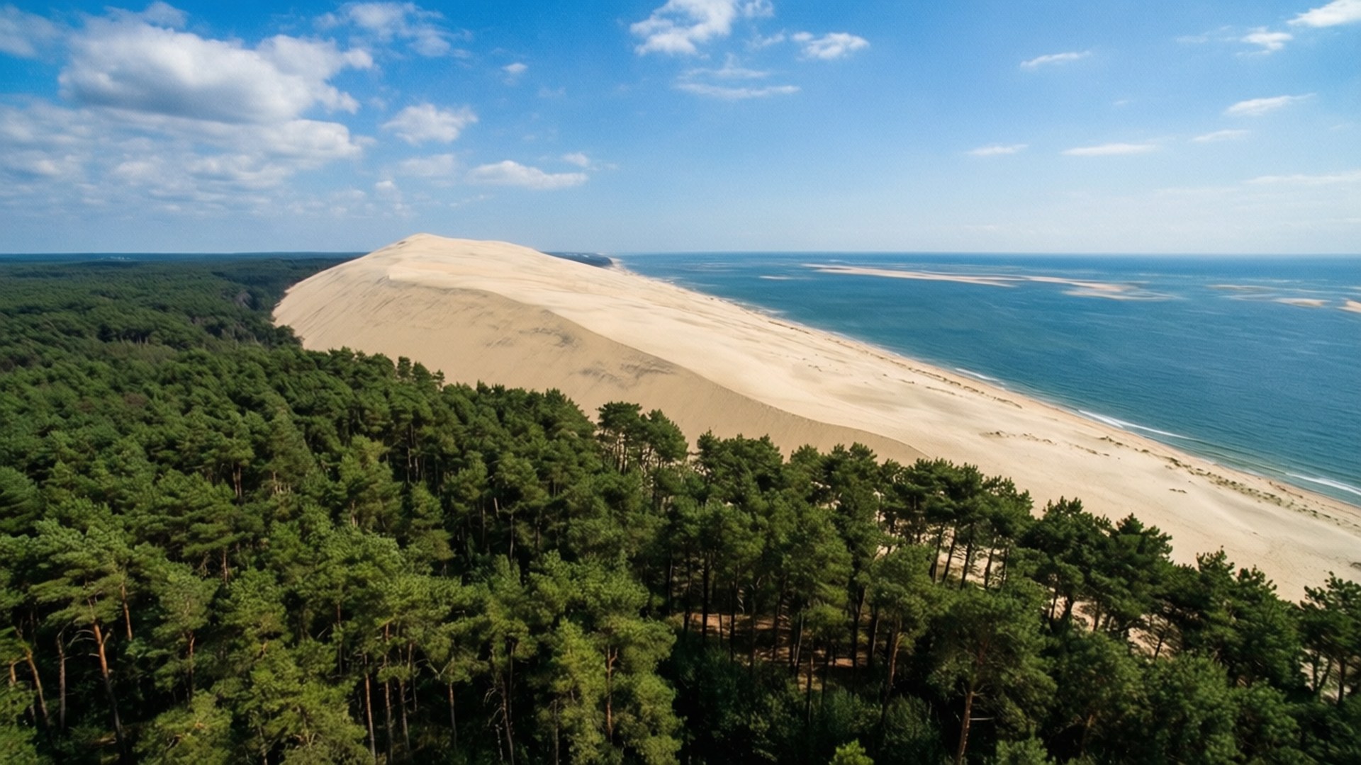 Dune du Pilat Aerial 壁紙 — 從高空俯瞰，巨大的金色沙丘將茂密的綠色松樹林與碧綠的海洋分隔開來，天空湛藍，白雲點綴。
