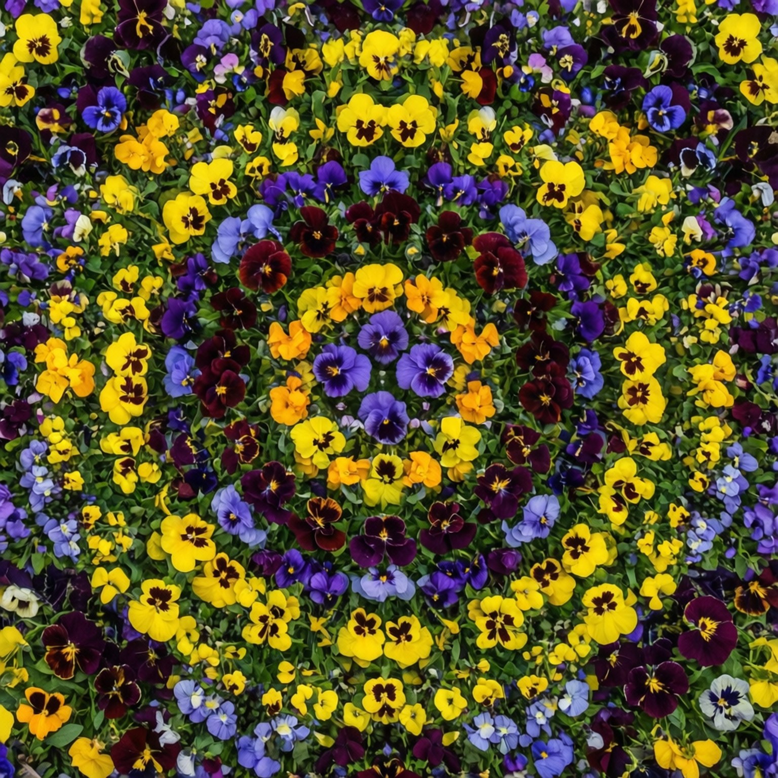 Symmetrical Pansy Mandala 壁紙 — 從上方俯瞰，密集的三色堇以黃色、紫色和栗色形成旋轉放射狀圖案，色彩鮮豔。