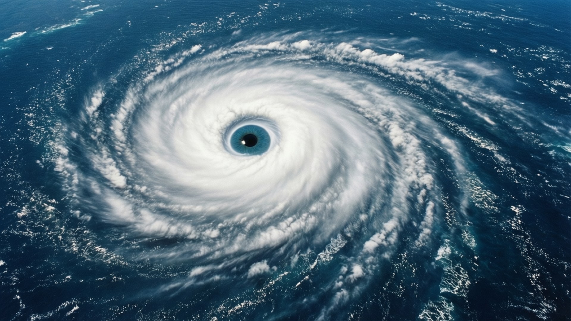 Eye of Cyclone 壁紙 — 從上空俯瞰一個巨大颶風，帶有清晰風眼，在深藍色海洋上空旋轉。