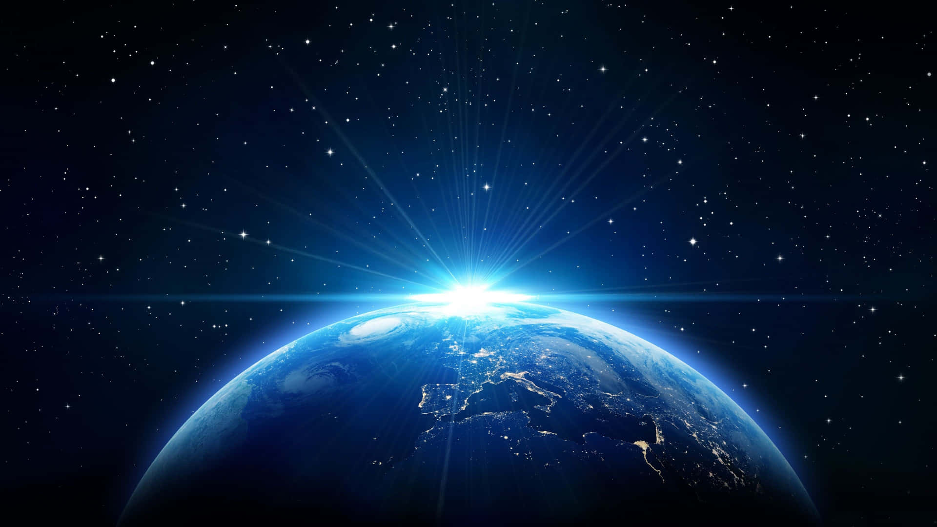 從太空看到的地球，明亮陽光在地平線上升起。 — 高解析度 壁紙
