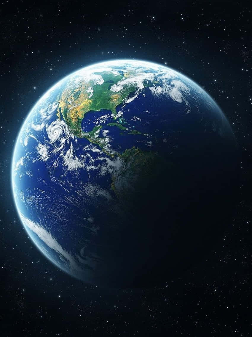  壁紙 — 從太空俯瞰地球的壯麗景色，展現了在繁星點點的宇宙背景下，旋轉的雲層、海洋和陸地。