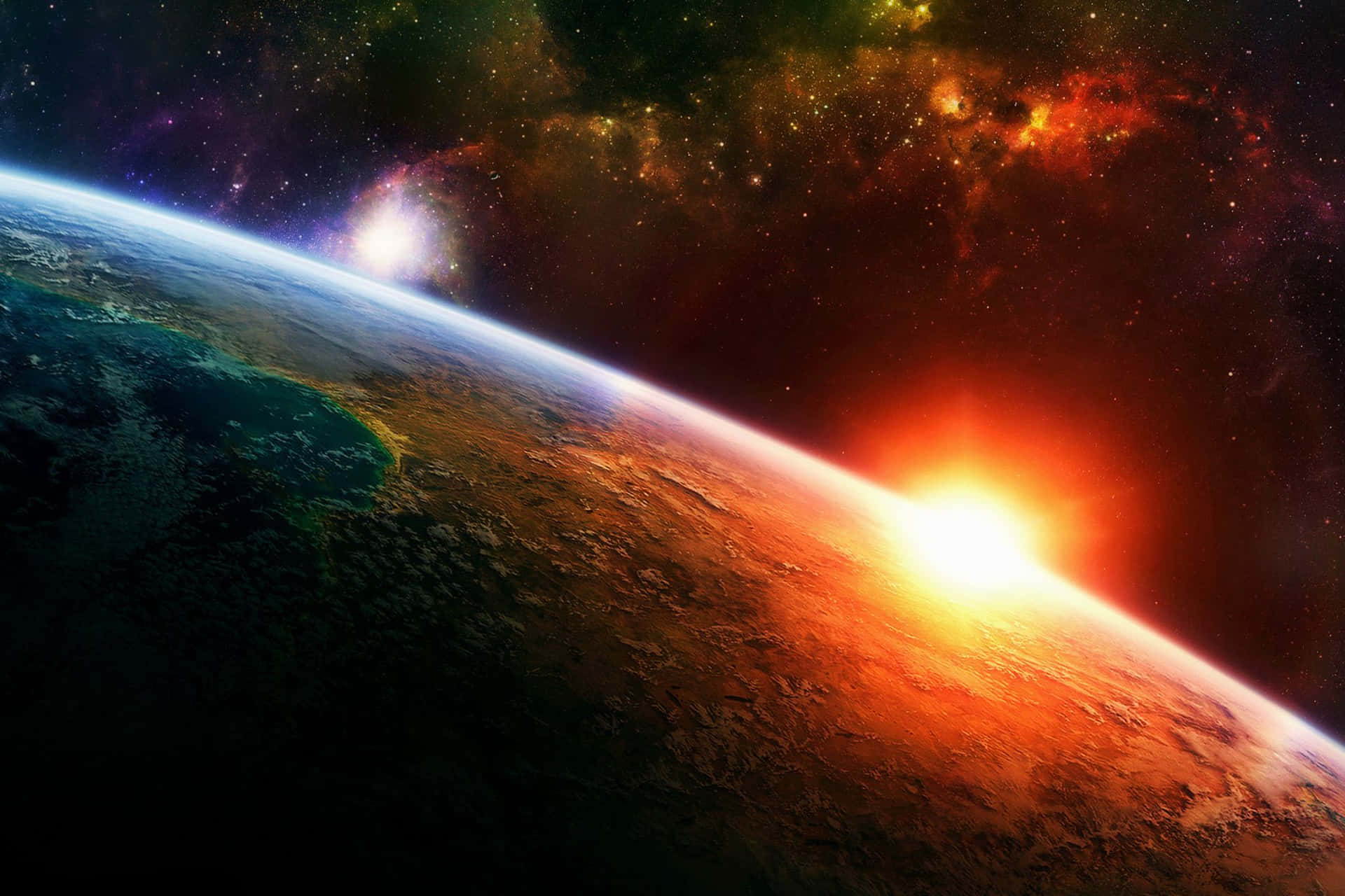  壁紙 — 從太空觀看地球在日出時的壯麗景色，鮮豔的橙色光芒照亮了彎曲的地平線，背景是繁星點點的宇宙。
