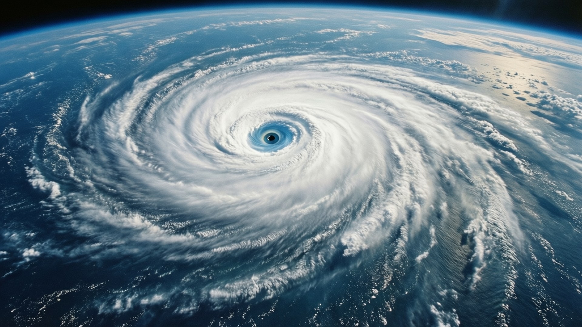 Hurricane Eye Aerial 壁紙 — 從太空看，一個巨大的颶風在地球的藍色海洋上空旋轉，中心有一個清晰的風眼。