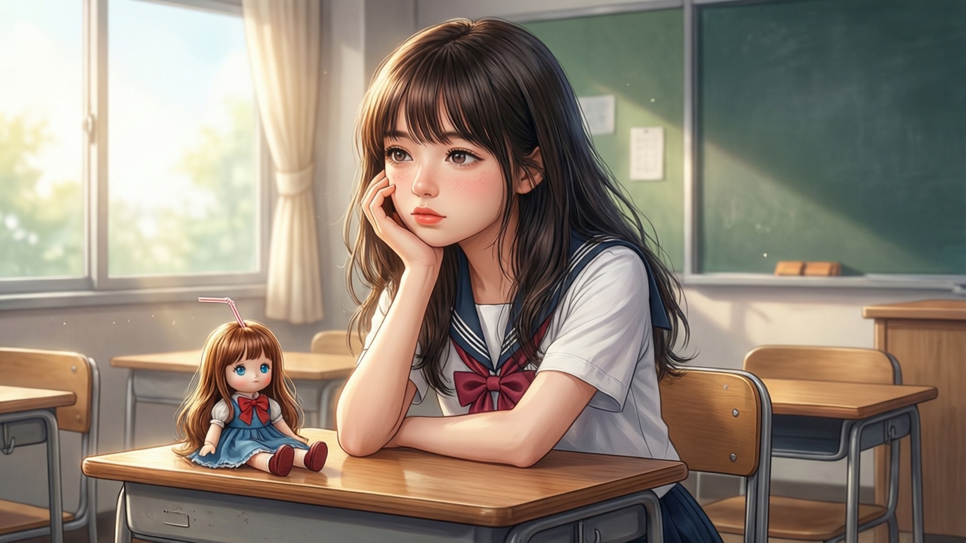 Erika Karisawa 桌布 壁紙 — 一個沉思中的動漫女學生穿著校服，在教室書桌上用手托著下巴，旁邊放著一個娃娃。