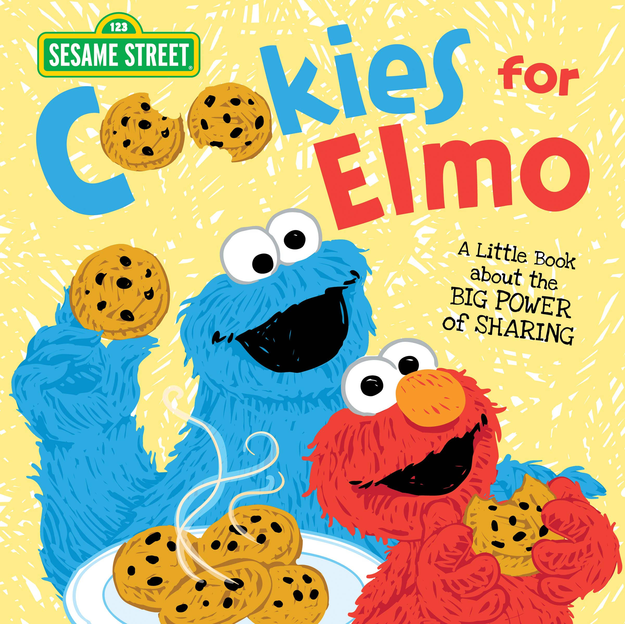 Elmo 桌布 壁紙 — Cookie Monster 和 Elmo 在明亮的黃色紋理背景前愉快地分享巧克力餅乾。
