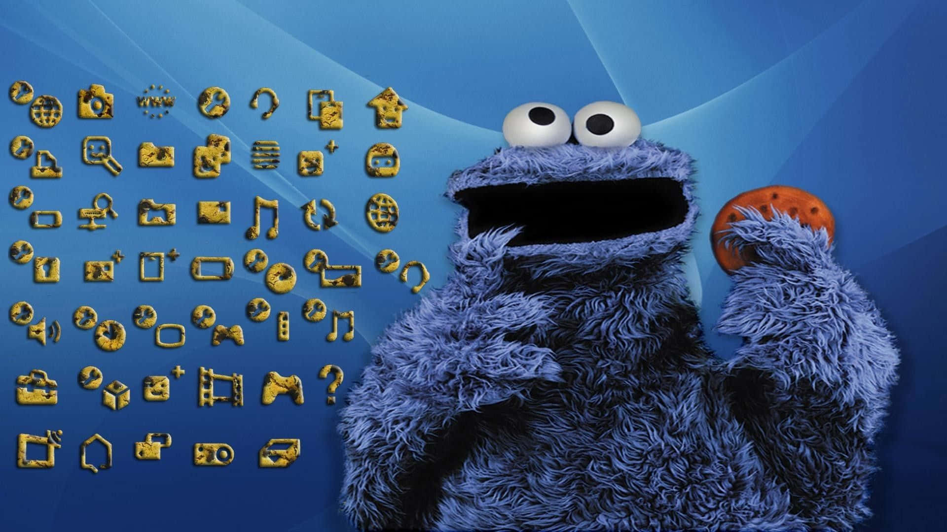 餅乾怪獸 桌布 壁紙 — Cookie Monster 在藍色背景上，帶著金色圖示，拿著一塊巧克力餅乾。
