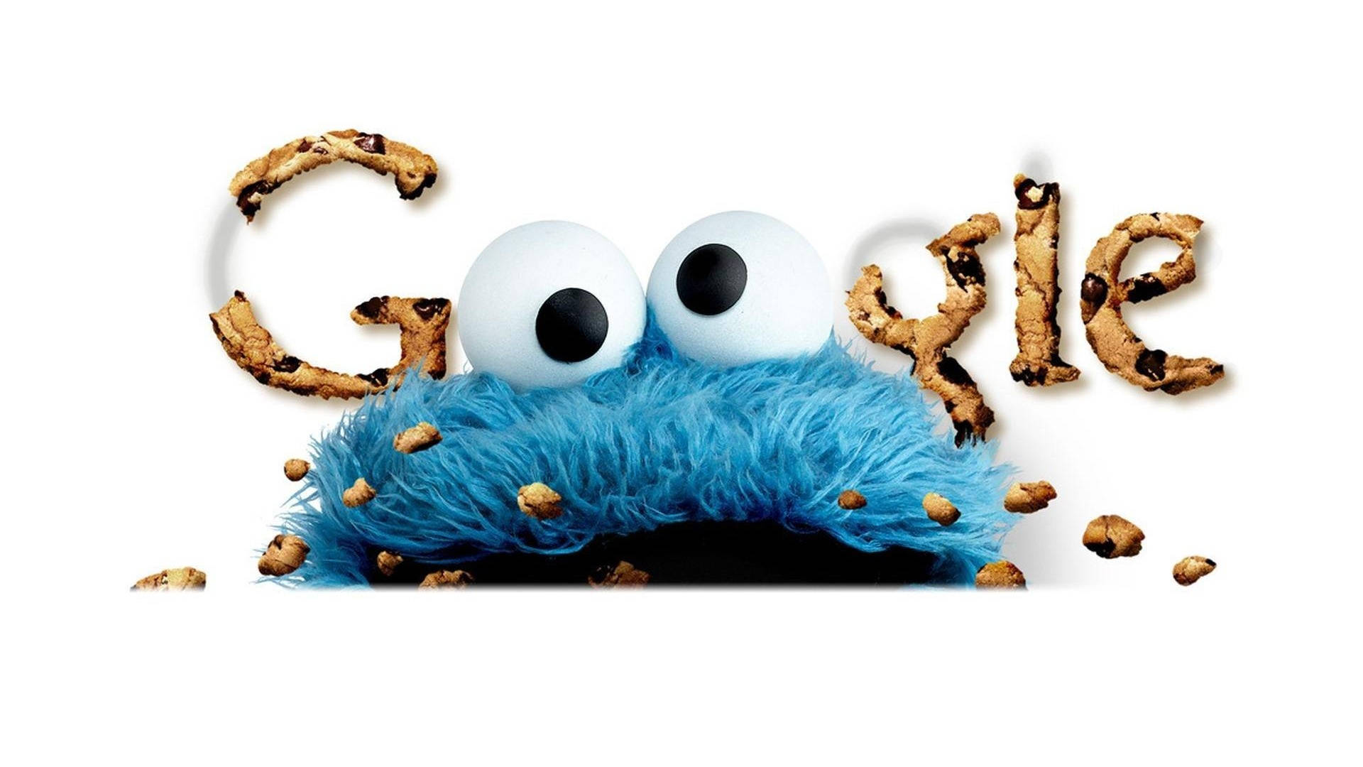 餅乾怪獸 桌布 壁紙 — Cookie Monster 在白色背景上由巧克力片餅乾製成的 Google 標誌後面偷看。