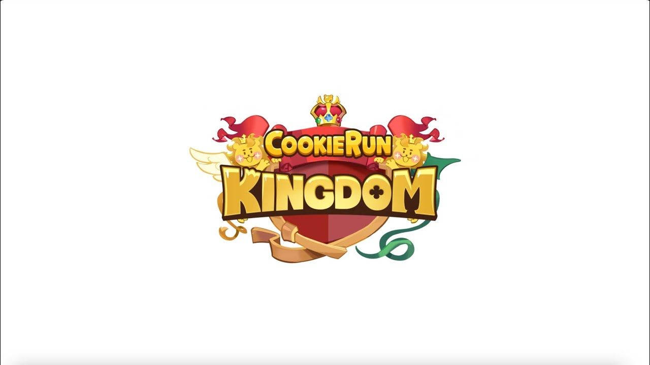 跑跑薑餅人：王國 桌布 壁紙 — Cookie Run Kingdom 的鮮豔卡通標誌，包含金色文字、戴皇冠的餅乾角色和白色背景上的紅色盾牌。