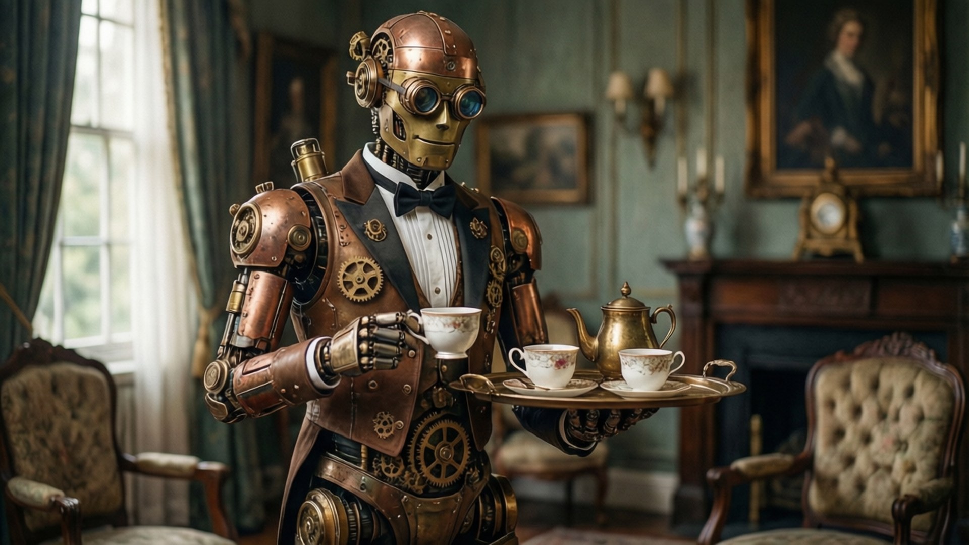 Mechanical Butler 壁紙 — 一個銅色蒸氣龐克機器人穿著燕尾服，在一個裝飾華麗的家具和肖像畫的優雅復古客廳中奉茶。