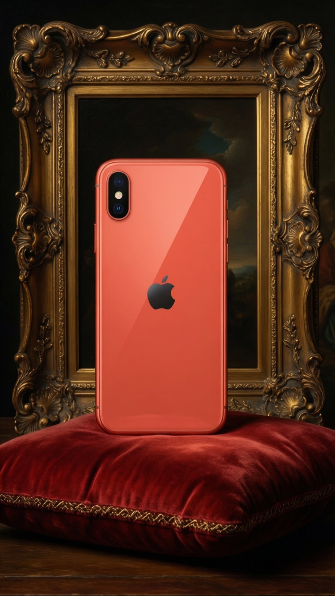 Baroque Coral iPhone XR 壁紙 — 珊瑚色 iPhone X 放在紅色天鵝絨墊子上，前面是華麗的金色畫框。
