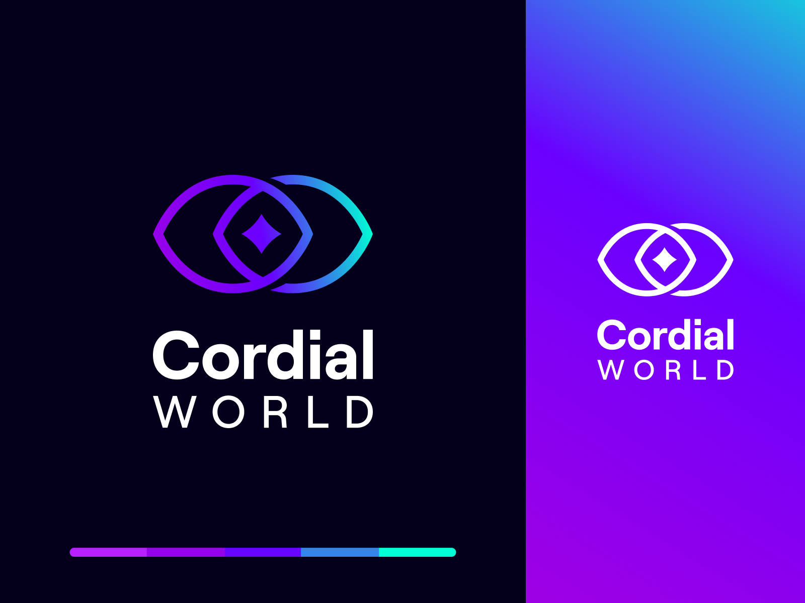 桌布 壁紙 — Cordial World 的兩個標誌變體，以漸變紫藍色調的交織眼睛形狀為特色，位於對比的深色和鮮豔背景上。