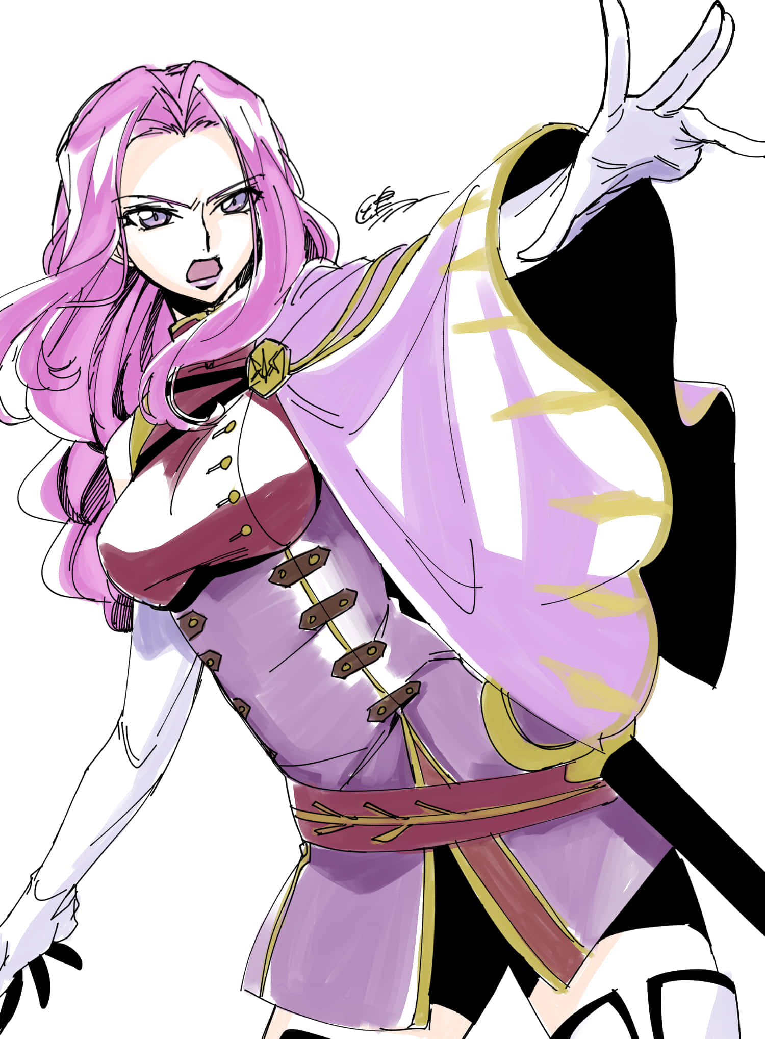 驚豔的 Cornelia Li Britannia 以經典服裝擺姿。 壁紙 — 一個充滿活力的動漫女孩，粉紅色頭髮和紫色服裝，在白色背景前擺出自信的姿勢。