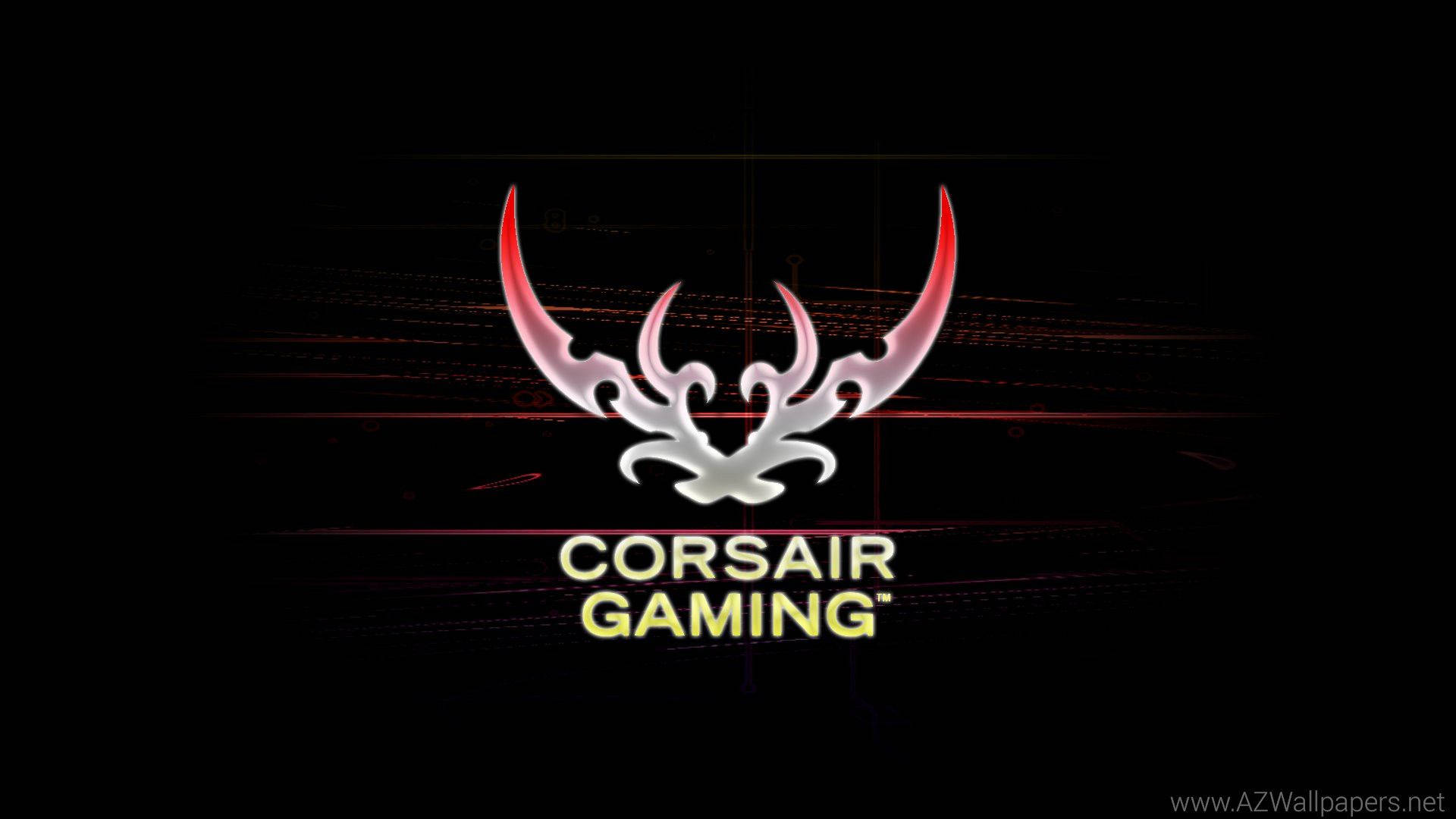 海盜船 桌布 壁紙 — Corsair Gaming 標誌，在深色背景上帶有發光的紅色和銀色鹿角狀設計，並有微妙的紅色數位條紋。