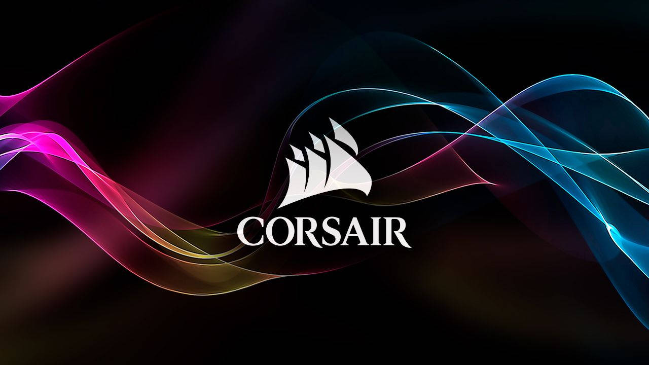 Rgb 桌布 壁紙 — Corsair 標誌居中在深色背景上，周圍有發光的洋紅色和青色波形流動。
