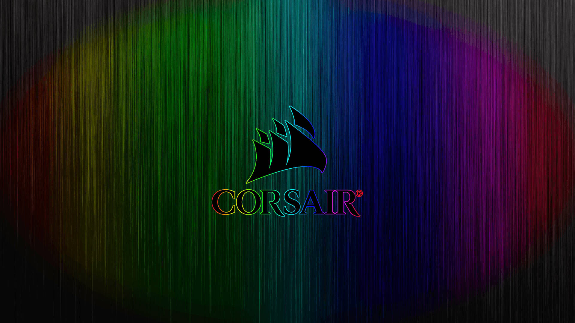 標誌 桌布 壁紙 — Corsair 標誌居中於鮮豔的彩虹漸變背景上，帶有垂直拉絲金屬紋理。