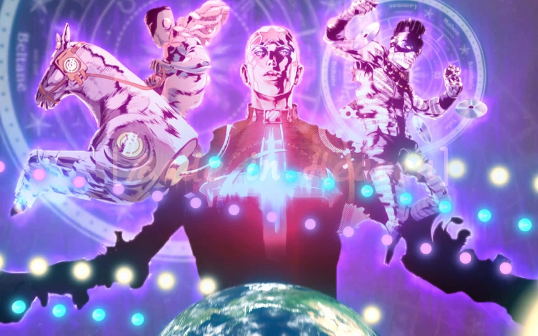  壁紙 — 一位宇宙動漫英雄散發著發光的藍色能量，站在地球之上，周圍環繞著神秘人物和天體符號，呈現出鮮豔的紫色和藍色色調。