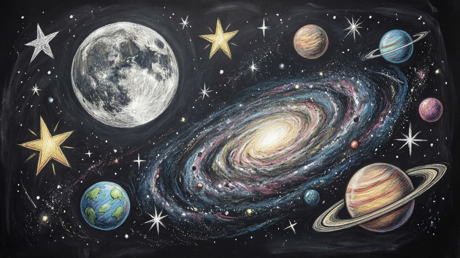 Chalkboard Galaxy 壁紙 — 一幅宇宙黑板畫，描繪了一個旋轉的星系，周圍環繞著行星、衛星和恆星，背景為深色。