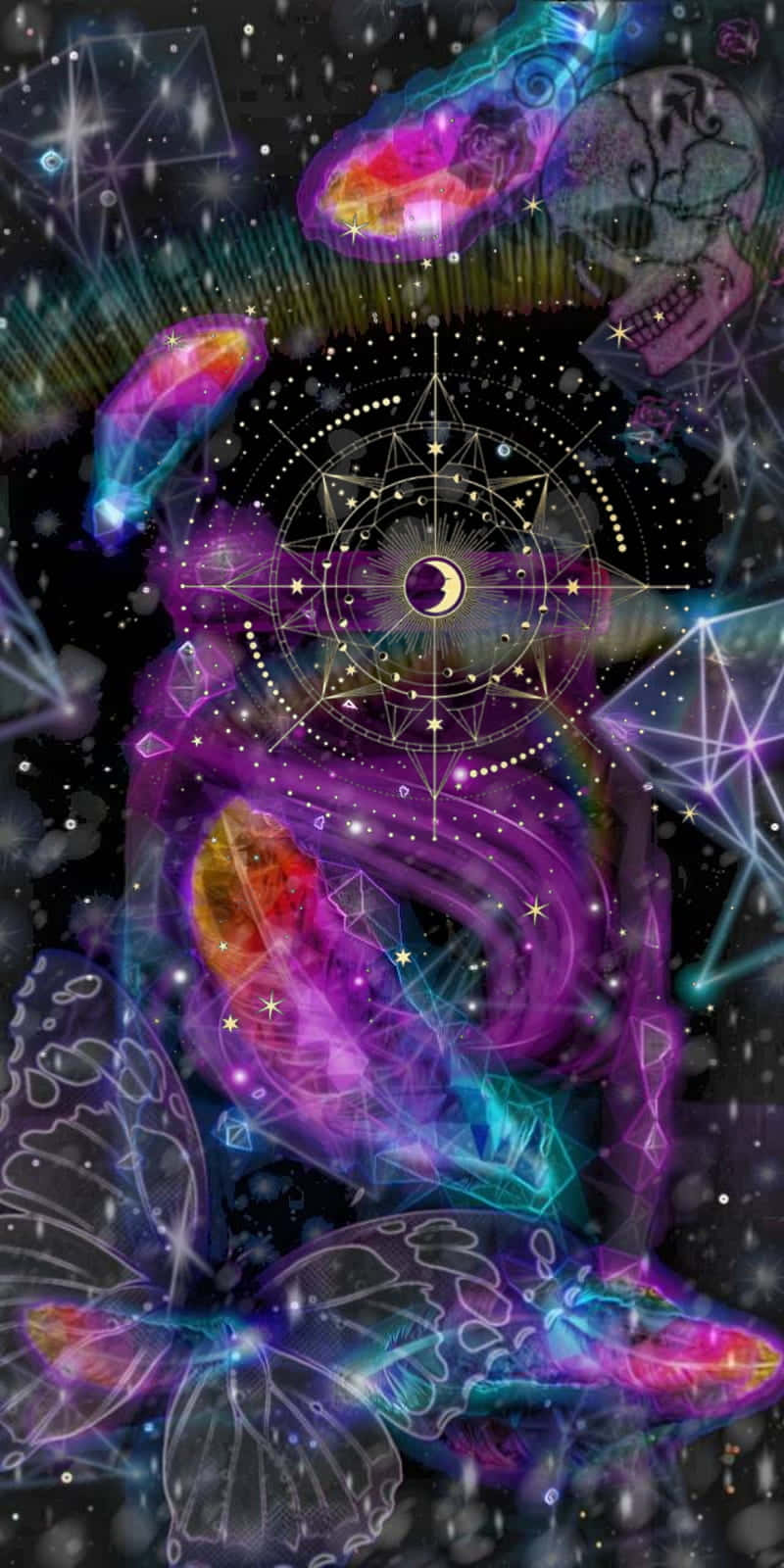  壁紙 — 一幅宇宙數位藝術作品，以發光的星雲、幾何星座和一彎新月為特色，背景是繁星點點的黑色。