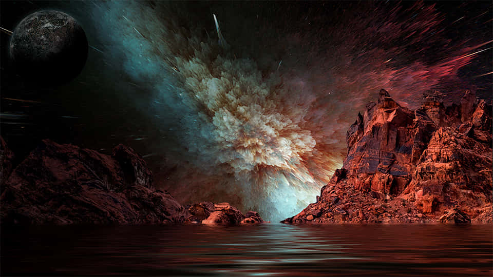  壁紙 — 在星空和月亮下，一場宇宙爆炸在一個由鋸齒狀紅色岩石形成的寧靜外星湖上方爆發。