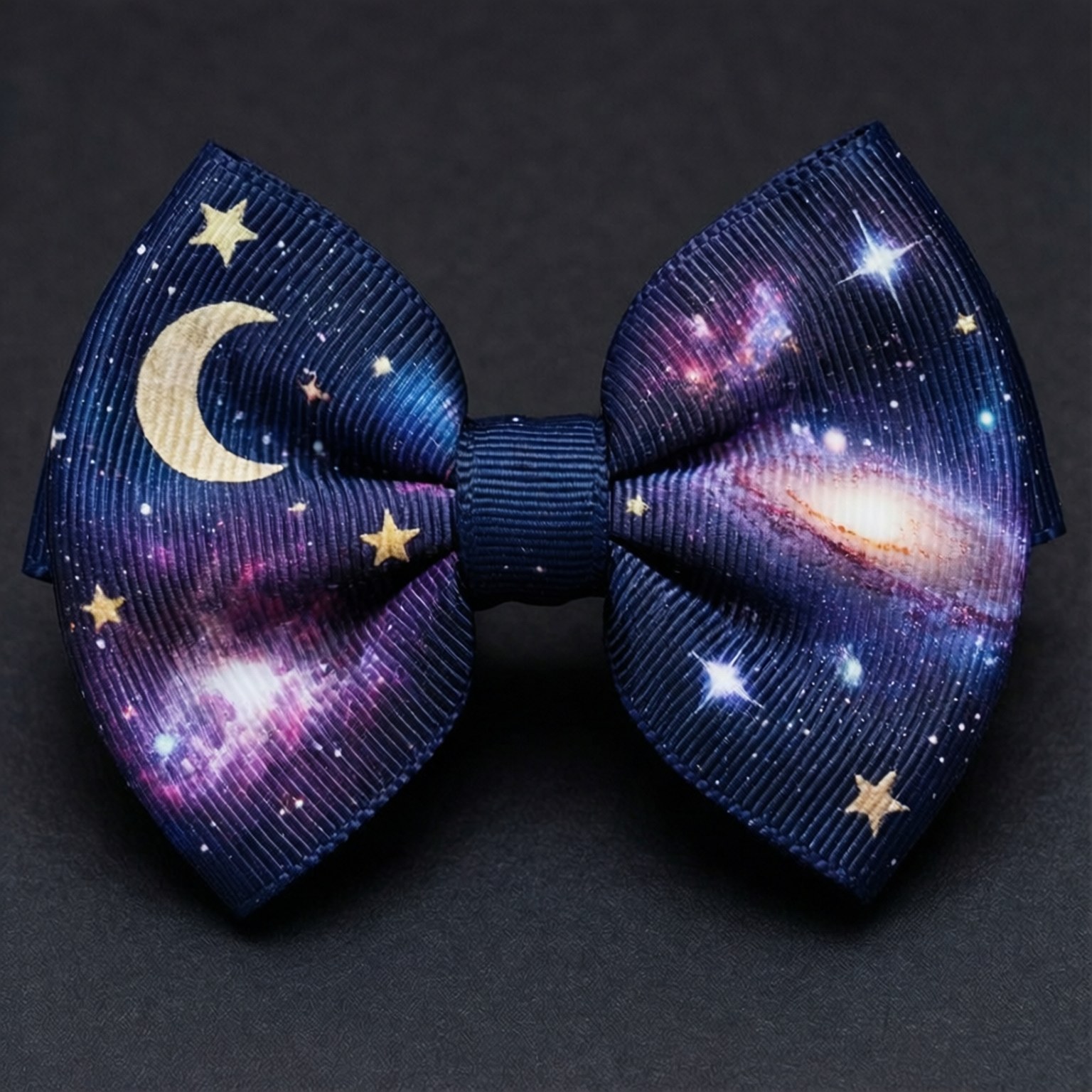 Hair Bow 桌布 壁紙 — 一個帶有星星和新月的宇宙銀河蝴蝶結，印在深藍色羅紋布料上，背景為黑色。
