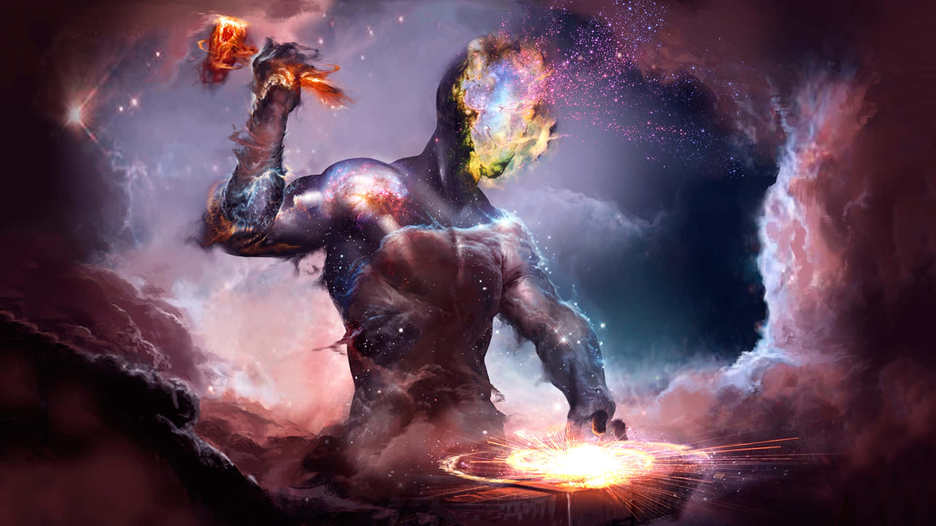  壁紙 — 由星雲和恆星組成的宇宙巨人，在旋轉的星系背景下舉起一個火球。