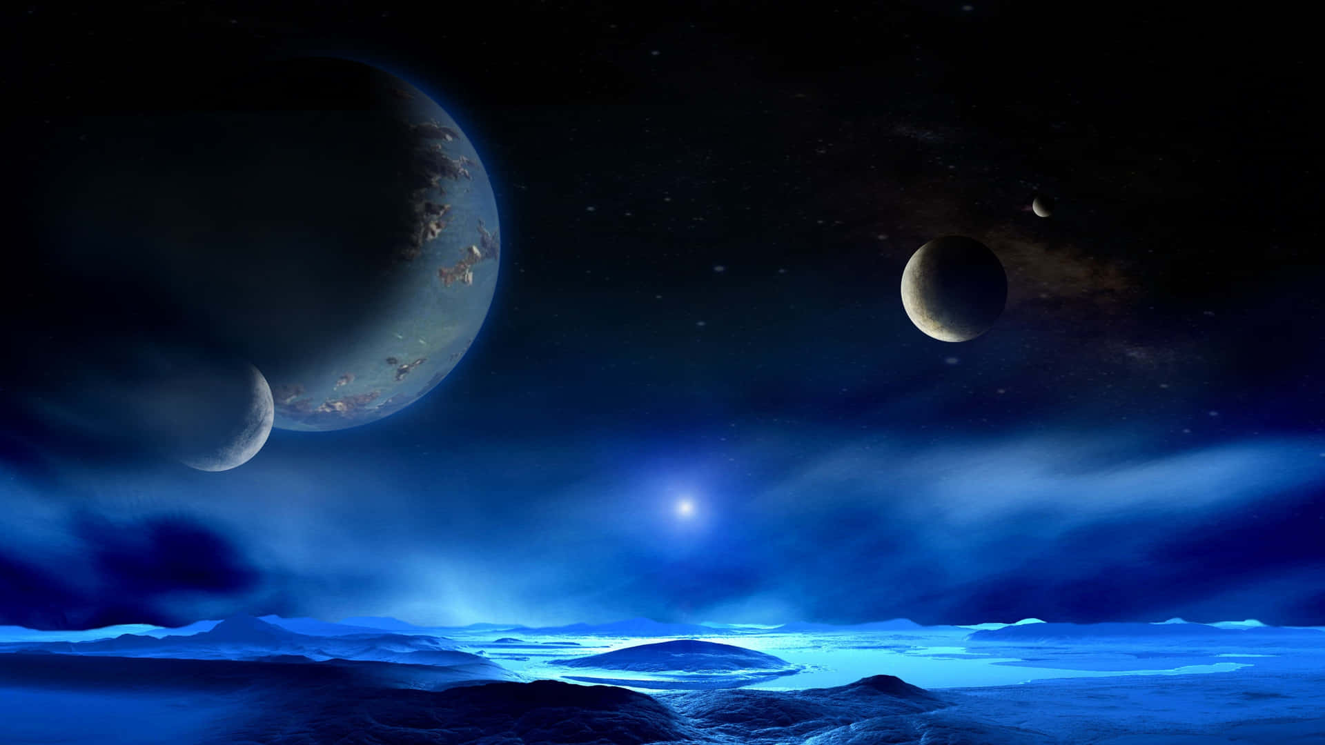  壁紙 — 一個沐浴在深藍色光芒中的宇宙景觀，行星和衛星漂浮在迷霧籠罩的外星地形之上。